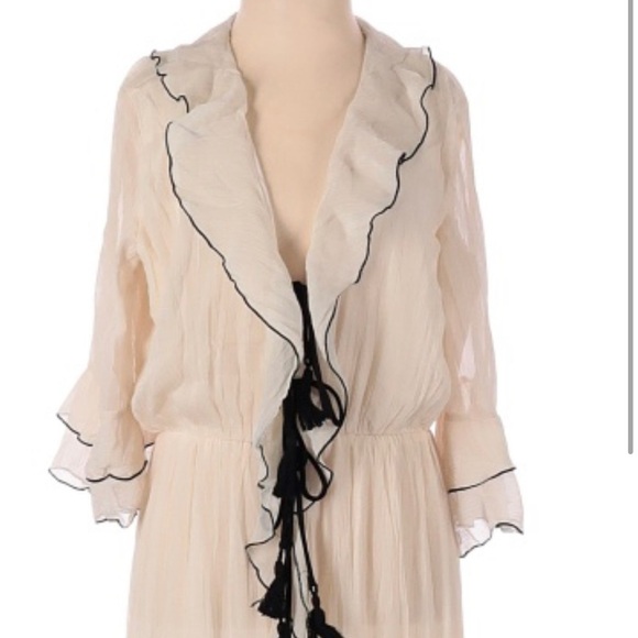 ZARA SS22 RUFFLED SHEER MIDI V-NECK DRESS OYSTER WHITE SIZE XS - Picture 6 of 10